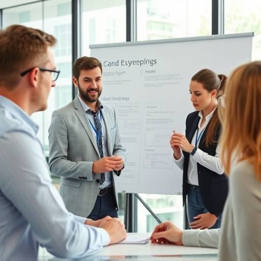 Un consulente che spiega una strategia a un team, focalizzandosi sulla pianificazione strategica.