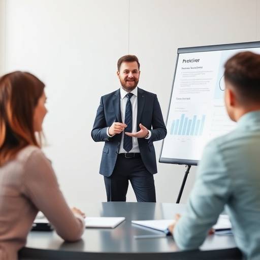 Un consulente che tiene una presentazione di marketing davanti a un team.