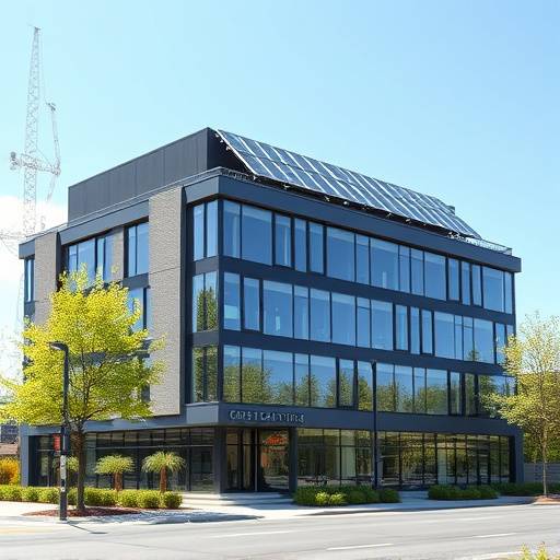 Un edificio aziendale con pannelli solari, rappresentando la consulenza in sostenibilit&agrave; aziendale.