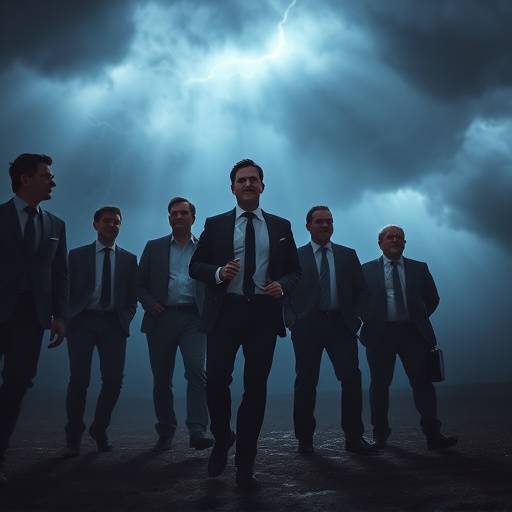 Un manager che guida un team attraverso una tempesta, simboleggiando la gestione della crisi aziendale.