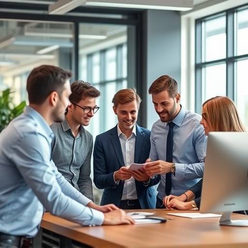 Un team che collabora in un ufficio moderno, focalizzandosi sul miglioramento delle risorse umane.